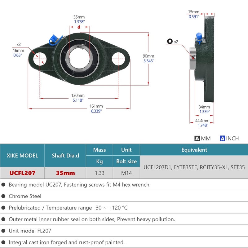 Xike 2 Pcs UCFL207 Bore 35 mm Pillow Block Flange Mounted Ball Bearings, Solid Cast Iron Base and Self Aligning Chrome Steel Sealed Bearings. - Image 2